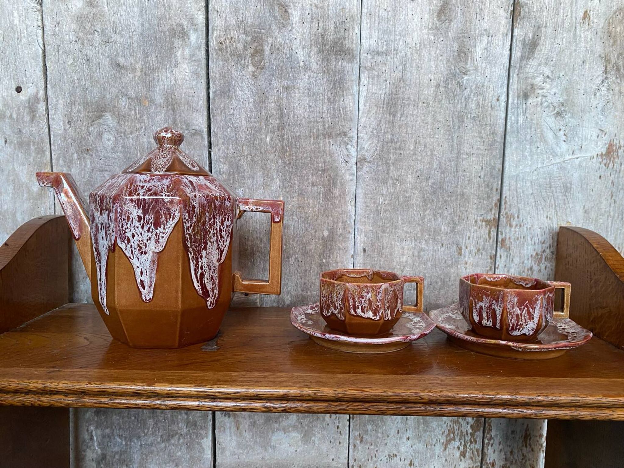 Ancienne théière gf art déco céramique flammée marron vintage