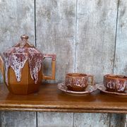 Ancienne théière gf art déco céramique flammée marron vintage