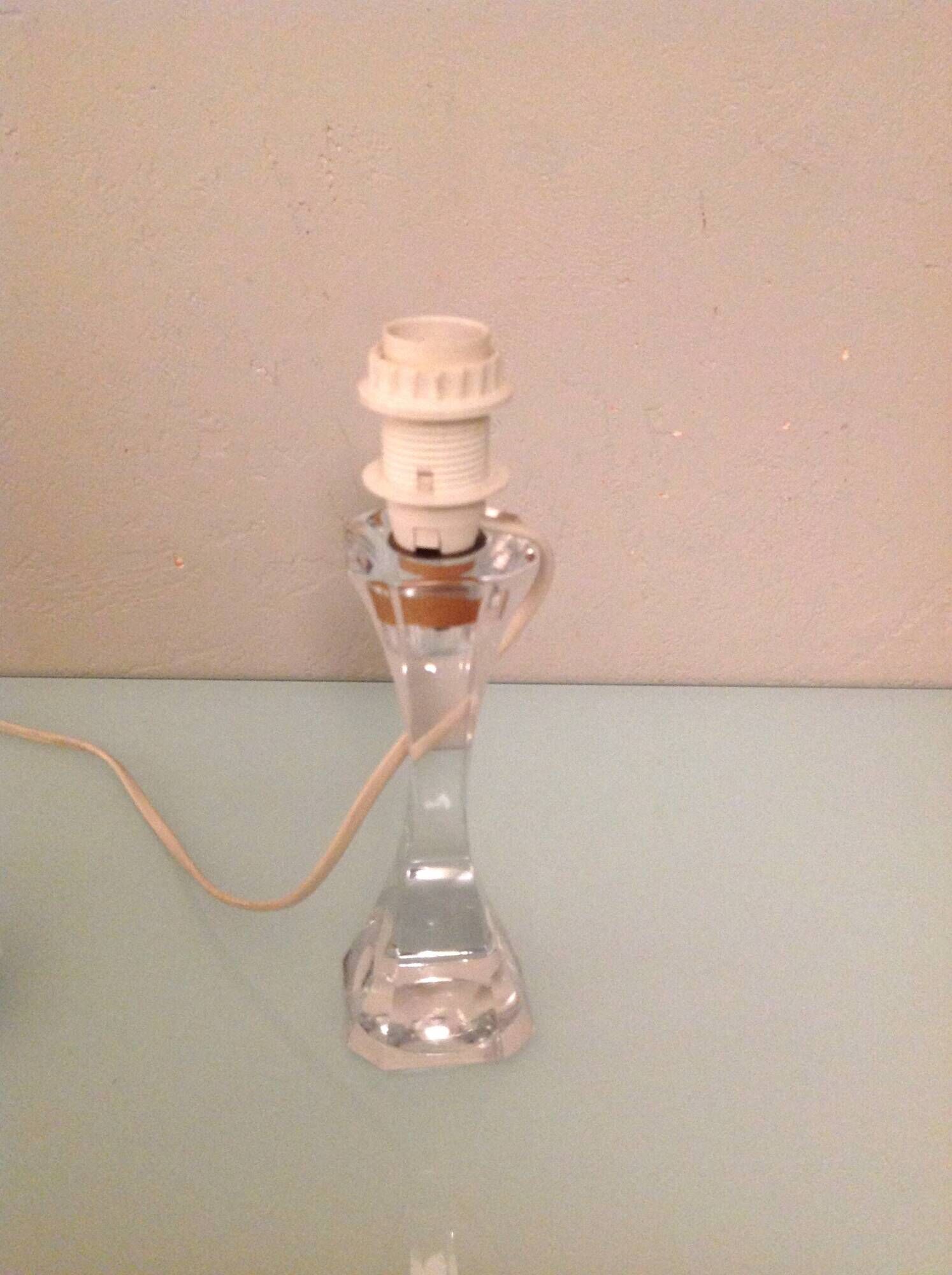 Bedside lamp with glass base and beige fabric lampshade / vintage 60s-70s