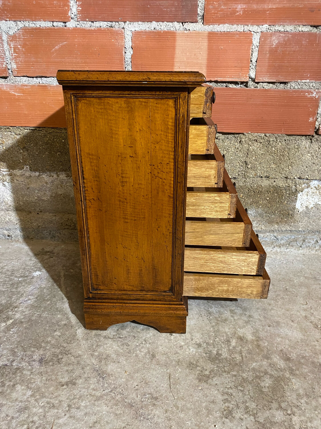 Semainier Ancien Meuble Bois 7 Tiroirs Marqueterie Poignées Métal Vint