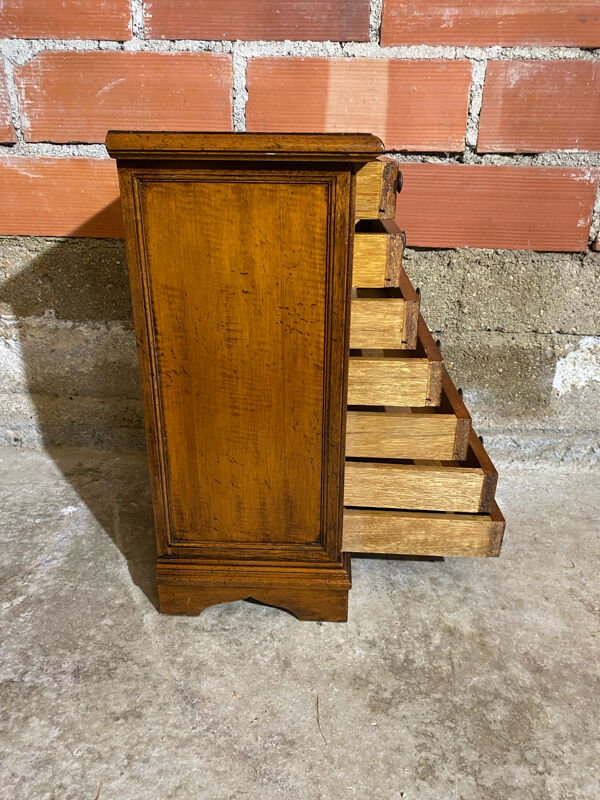 Semainier Ancien Meuble Bois 7 Tiroirs Marqueterie Poignées Métal Vint