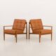 Rare Grete Jalk teak lounge chairs in aniline cognac leather for Cado