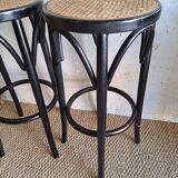Pair of canned bar stools, curved wood