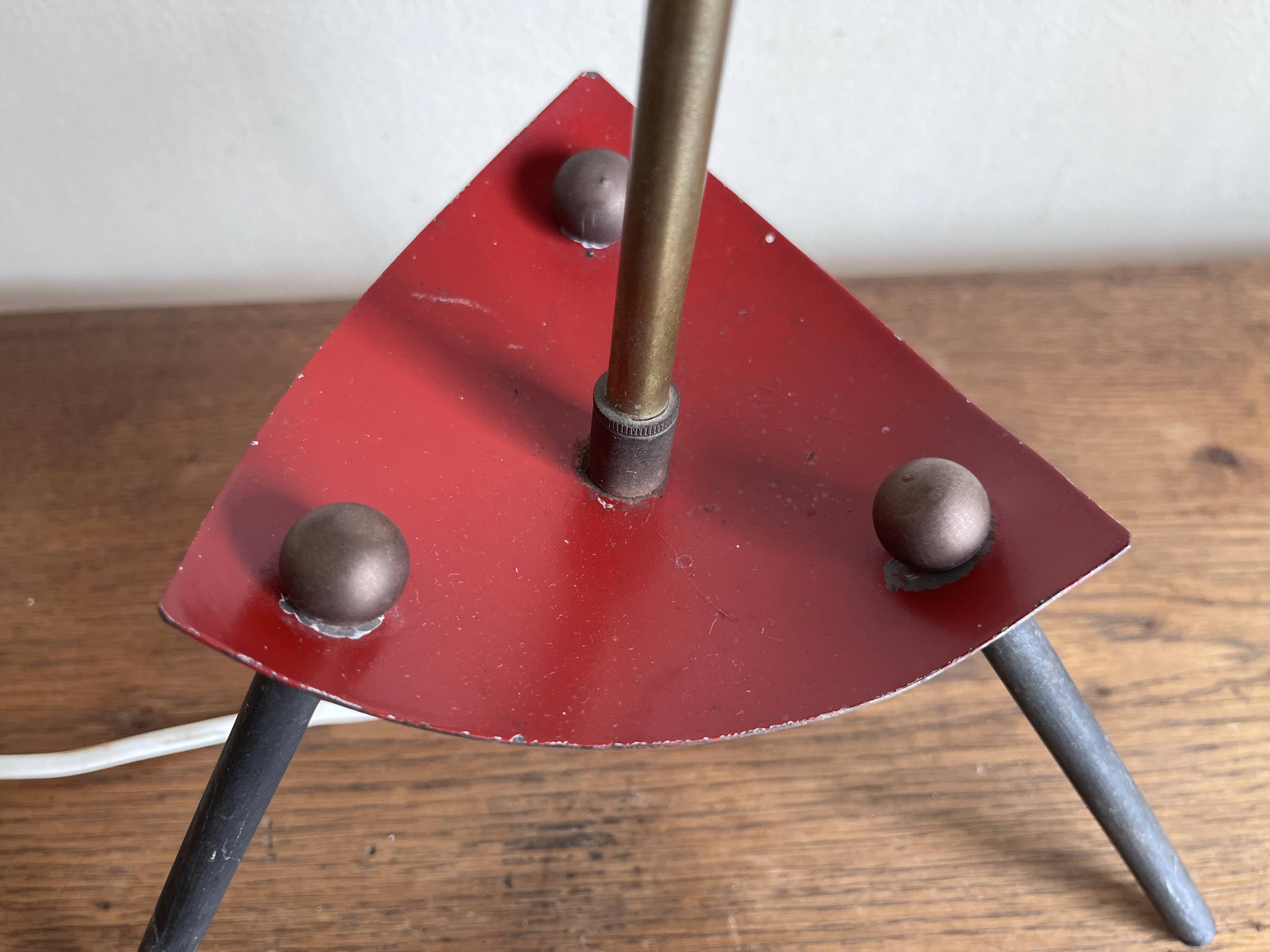 1950s modernist tripod lamp made of sheet metal and brass.