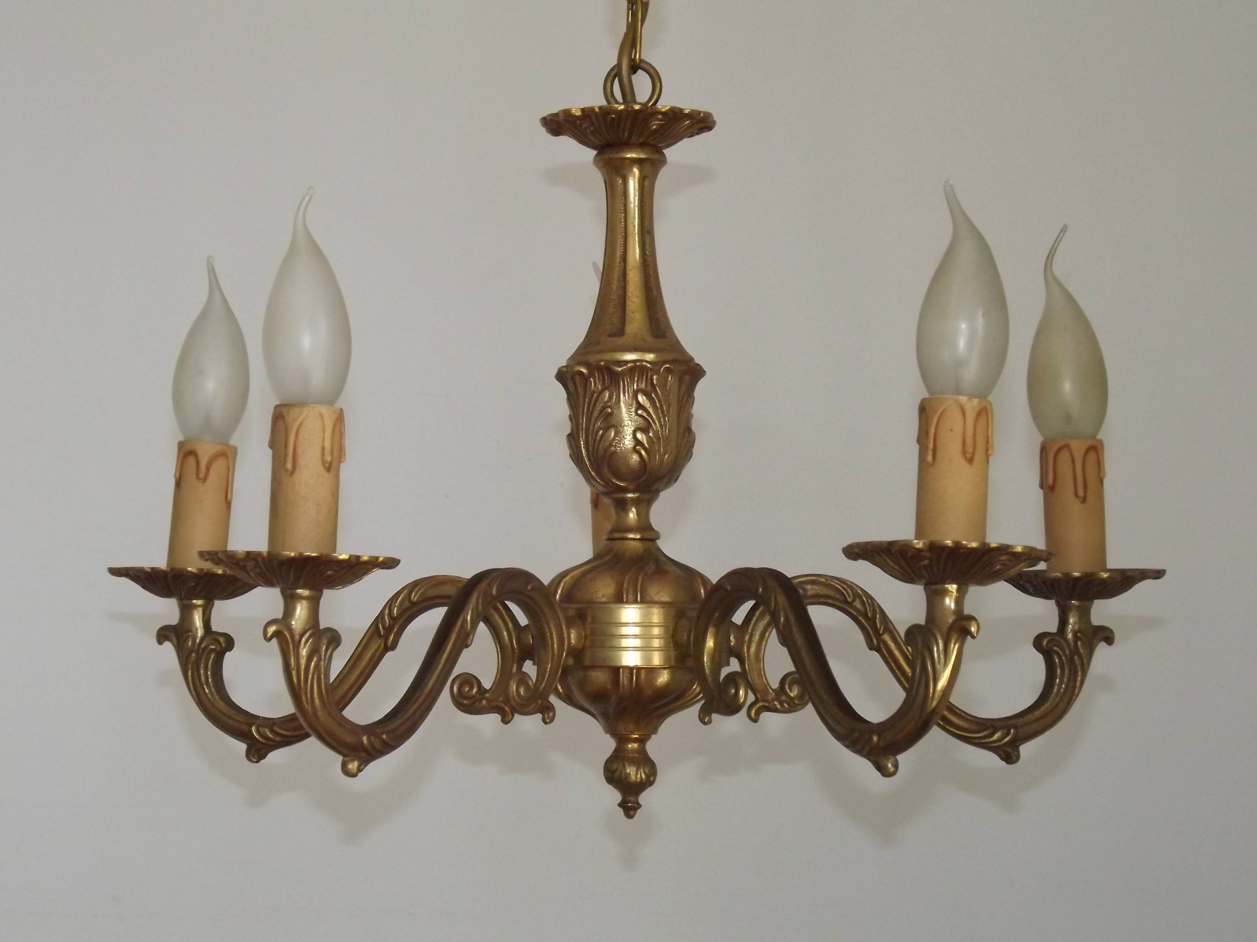 French Vintage Mid Century Bronze 5 Light Traditional Style Chandelier