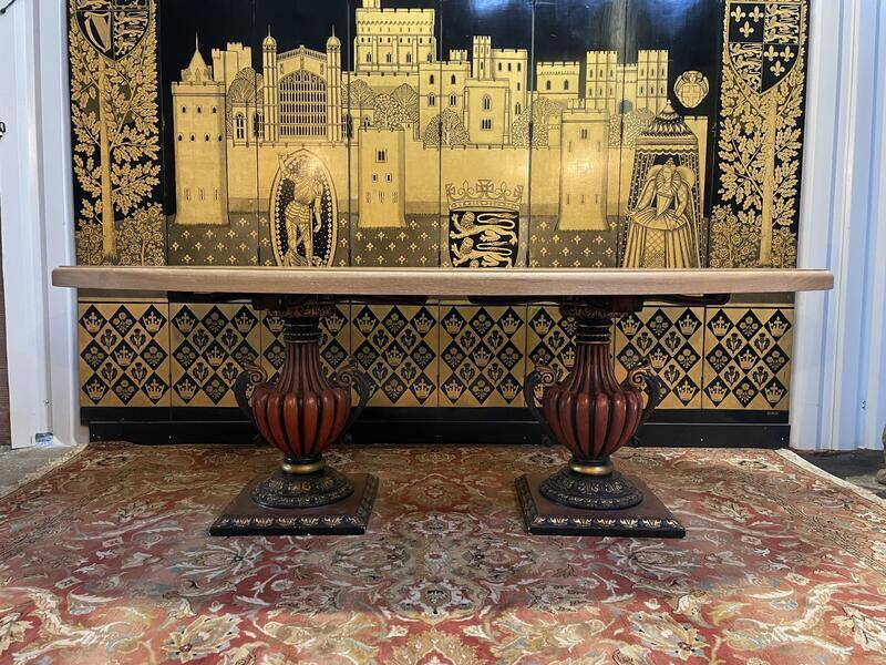 Oval oak dining table with vase legs