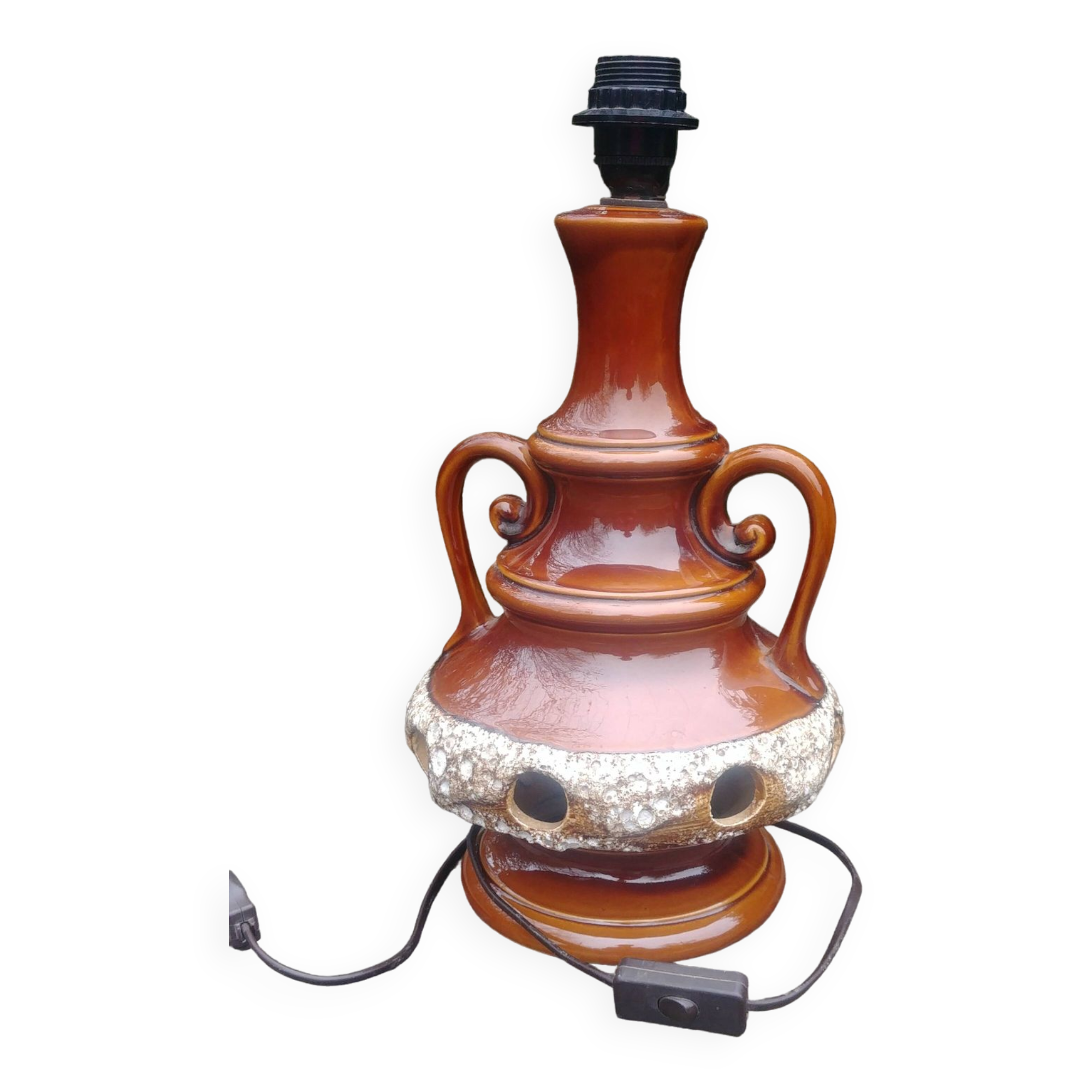 Vintage glazed ceramic lamp base from the 60s/70s with double lighting of medium size.