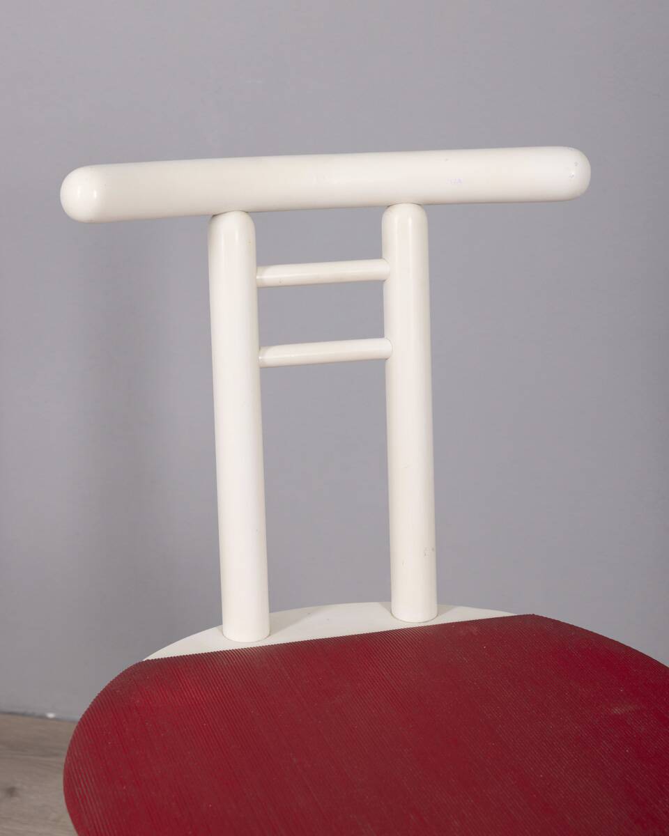 Set of 4 vintage 1980s chairs in wood and red vinyl, italian design