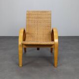 Rare Armchair in Wood and Woven Rattan, 1960s