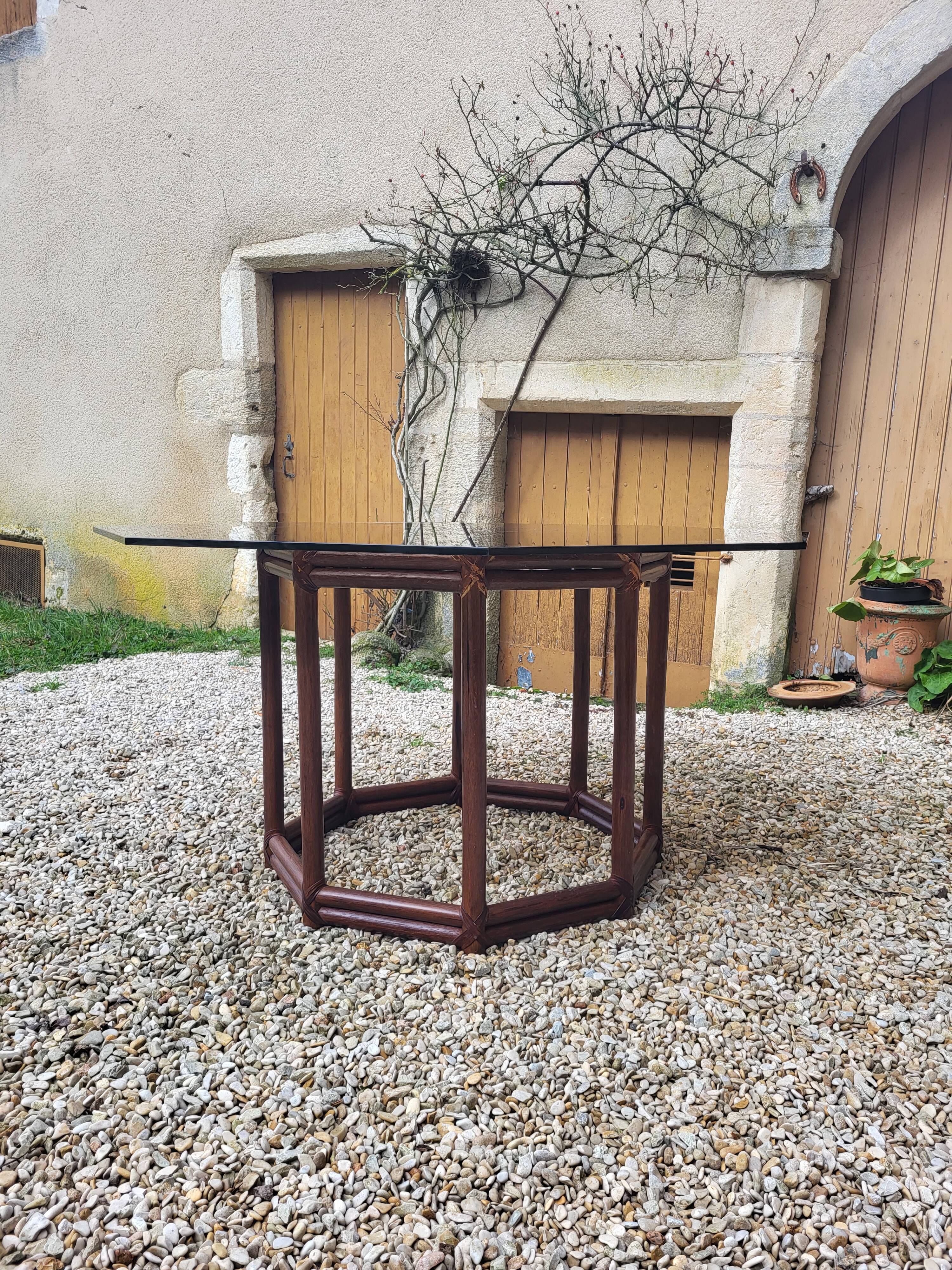 Wood table bamboo style smoked glass 70s