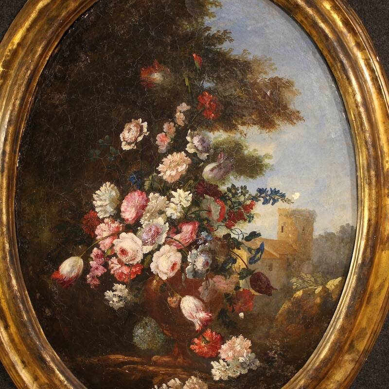 Peinture de nature morte ovale italienne antique du XVIIIe siècle