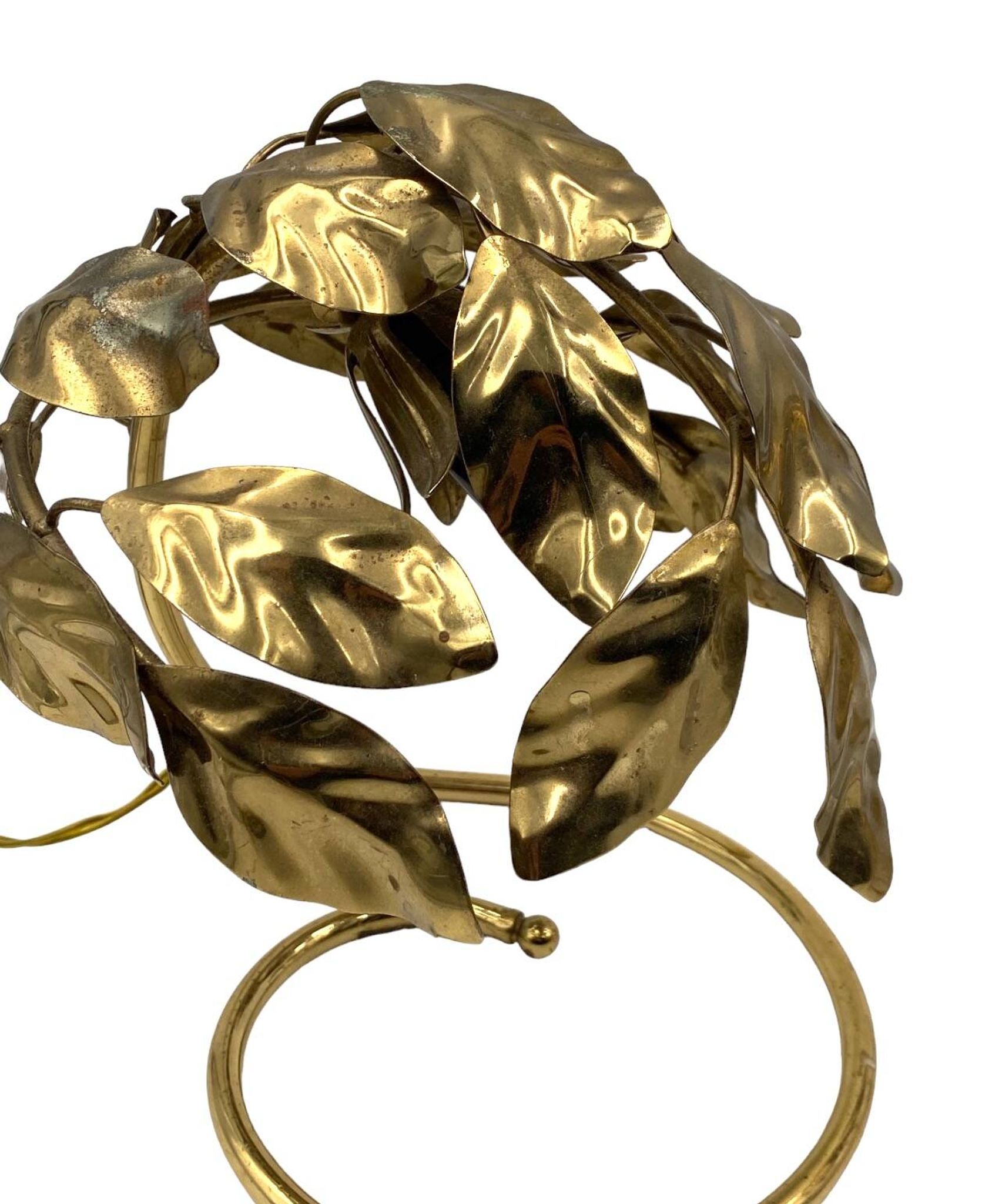 Hollywood regency set of 2 brass leaves table lamps, Bottega Gadda Italy, 1970s