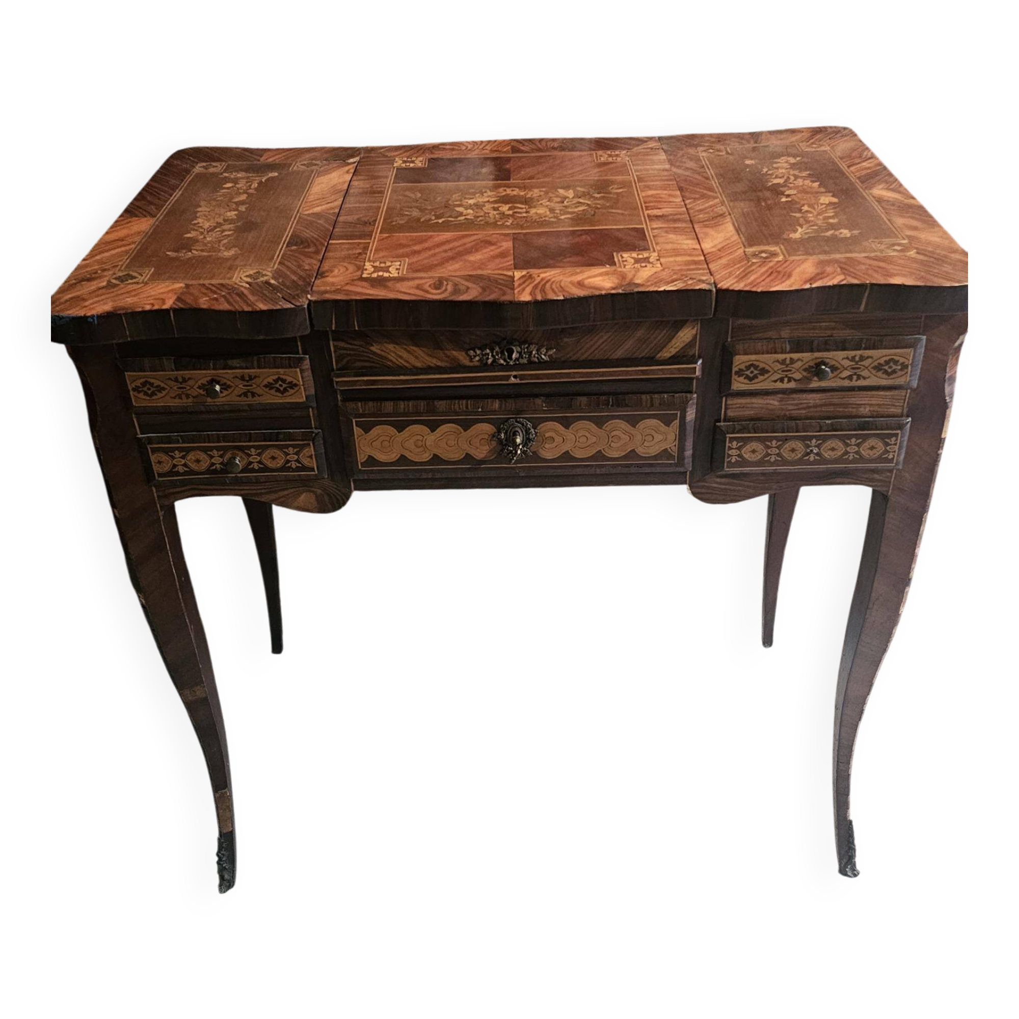 French marquetry dressing table, circa 1900, with adjustable mirror and storage.