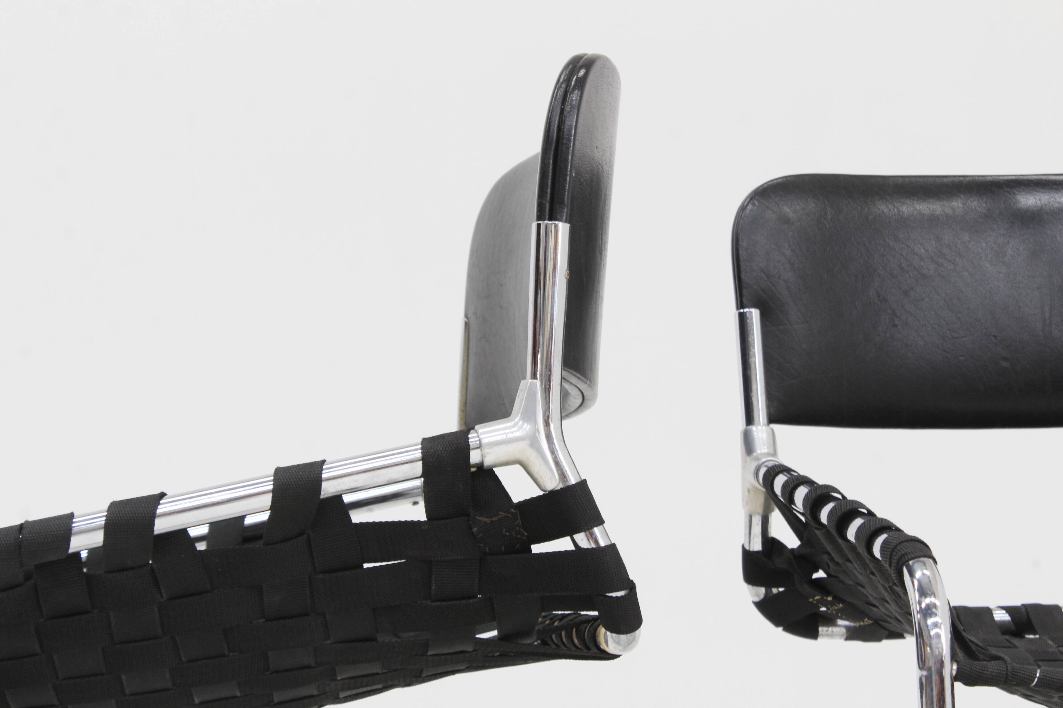 Set Vintage italian chairs black leather and chrome 1970s