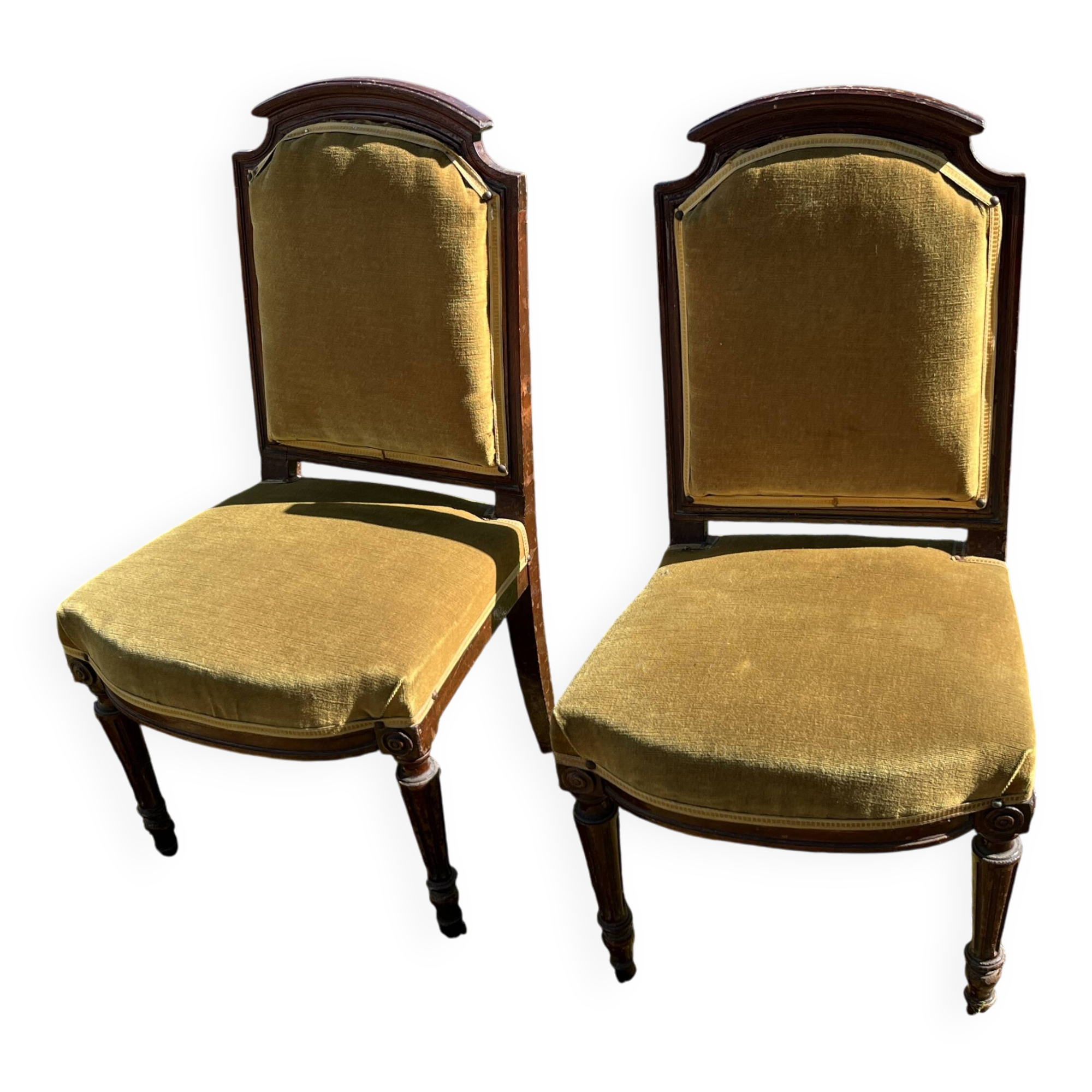 Pair of antique Louis XVI style chairs - carved wood - green velvet -