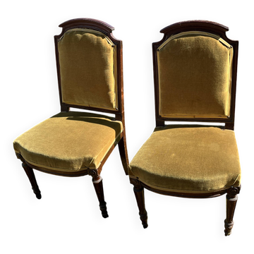 Pair of antique Louis XVI style chairs - carved wood - green velvet -