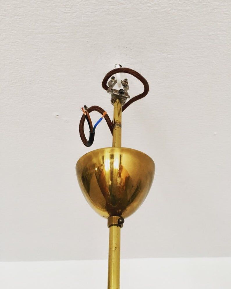 Mid Century Modern brass chandelier with smoked glass shades