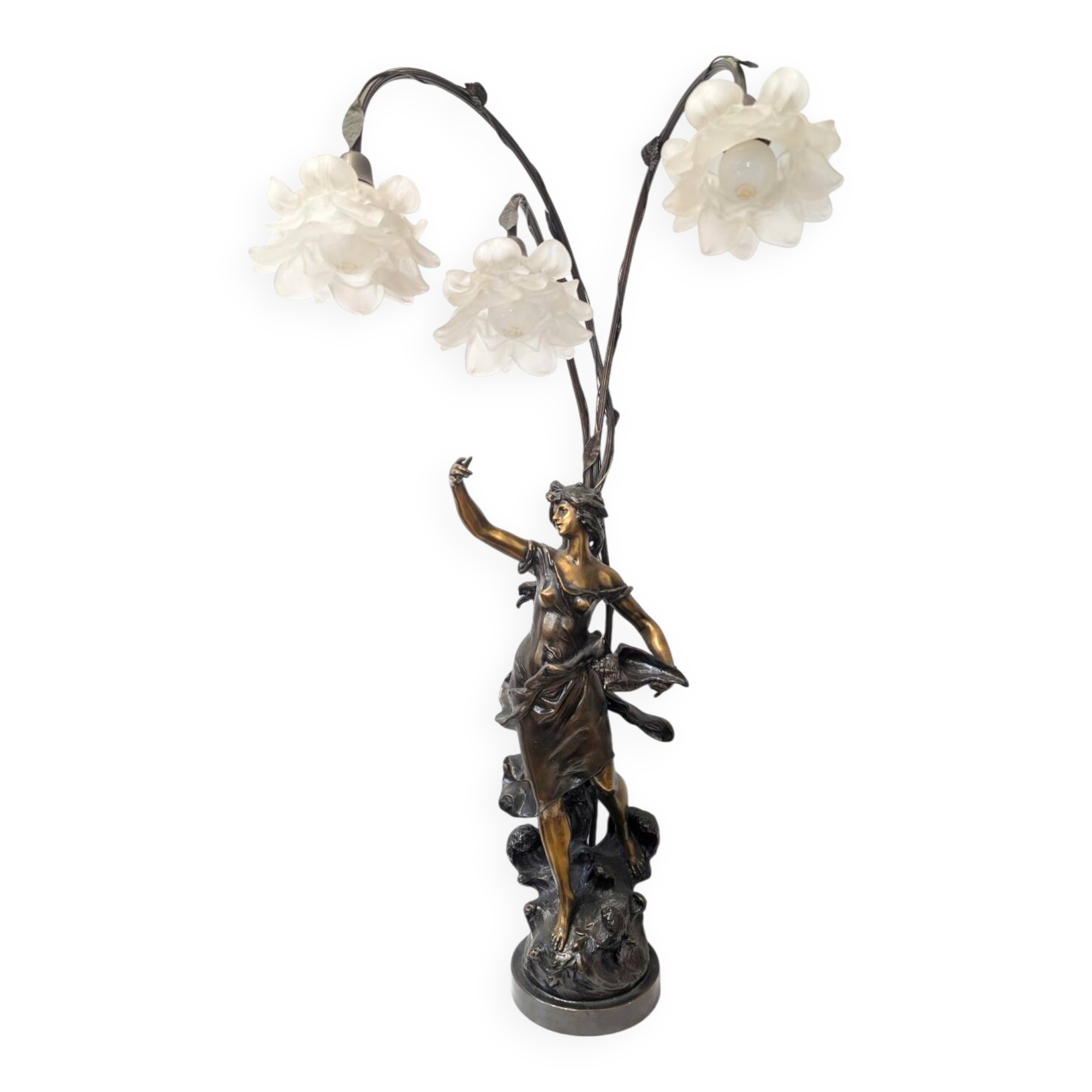 Bronze lamp signed Auguste Moreau – Woman with a shell