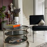 Milo Baughman vintage round coffee table with chrome swivel tops and smoked glass