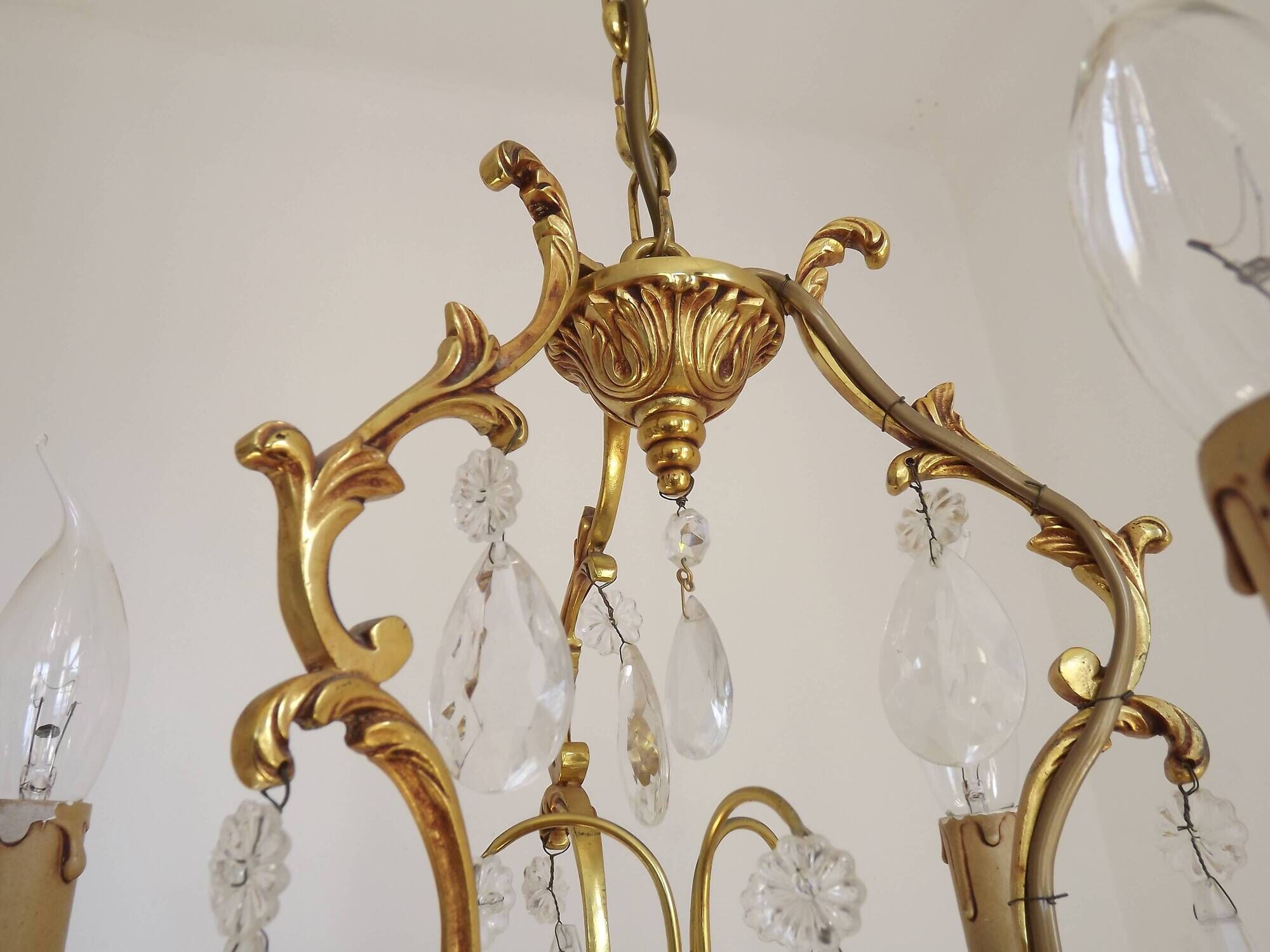 French Vintage Brass Mid Century 3 Light 3 Sided Crystal Cage Chandelier