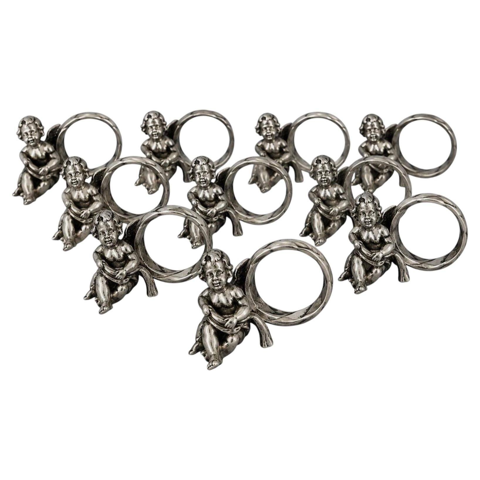 Set of 10 Silver-Plated Cherub Napkin Rings, Vintage Table Décor Putti Figurine