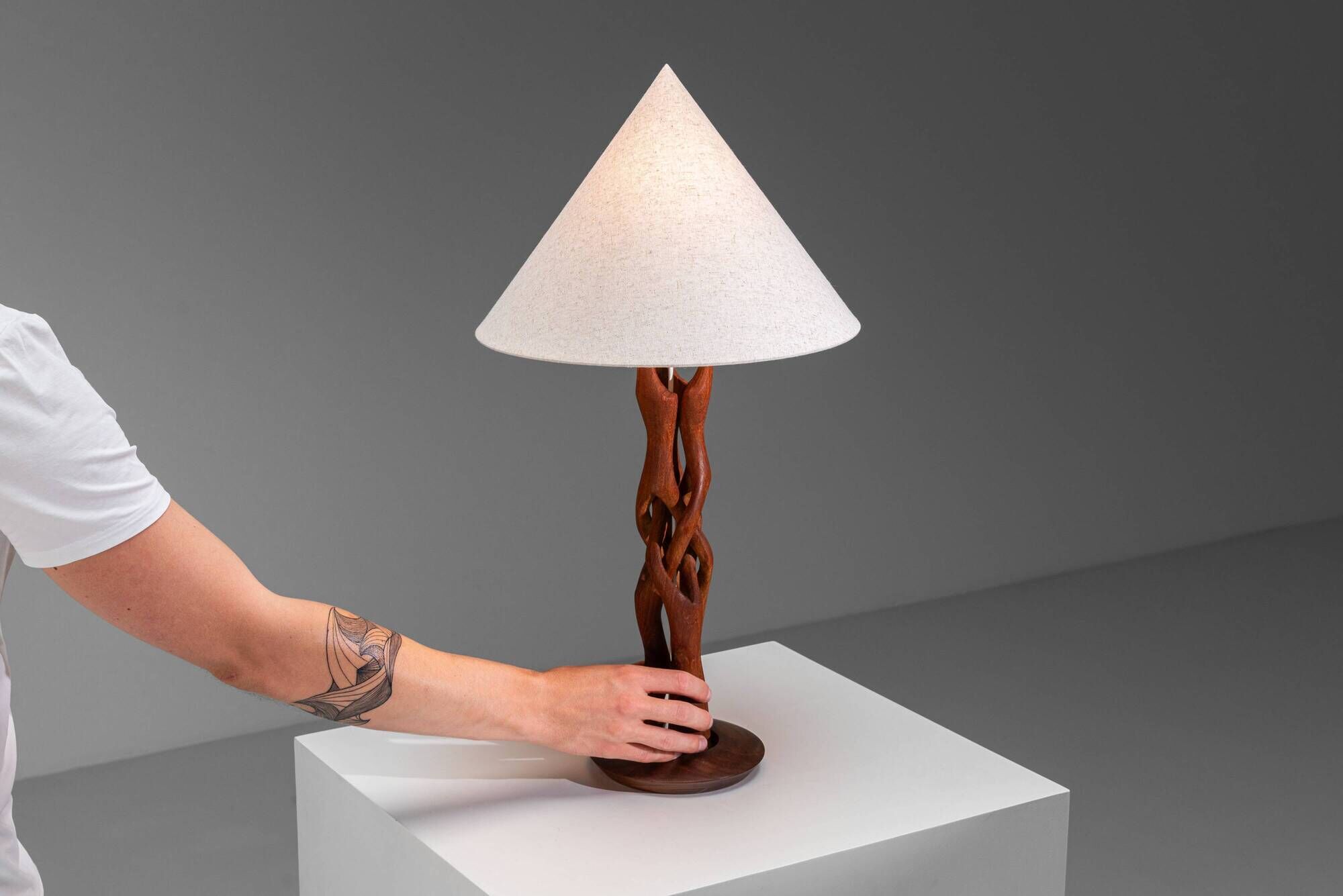 Organic form sculptural teak table lamp