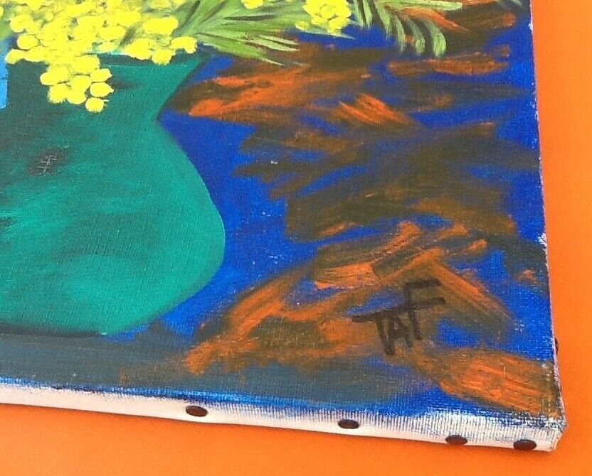 Tableau huile sur toile nature morte bouquet de mimosa