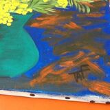Tableau huile sur toile nature morte bouquet de mimosa
