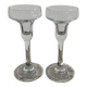Pair of clear glass candlesticks, signed