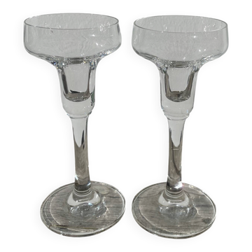 Pair of clear glass candlesticks, signed
