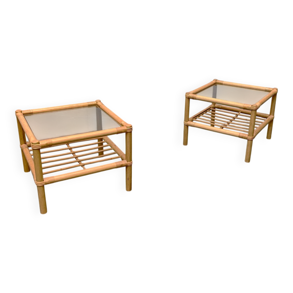 Tables d'appoint vintage en bambou et verre, années 1970, lot de 2