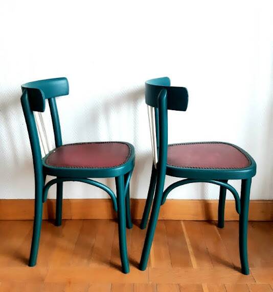 Pair of vintage emerald green bistro wooden chairs