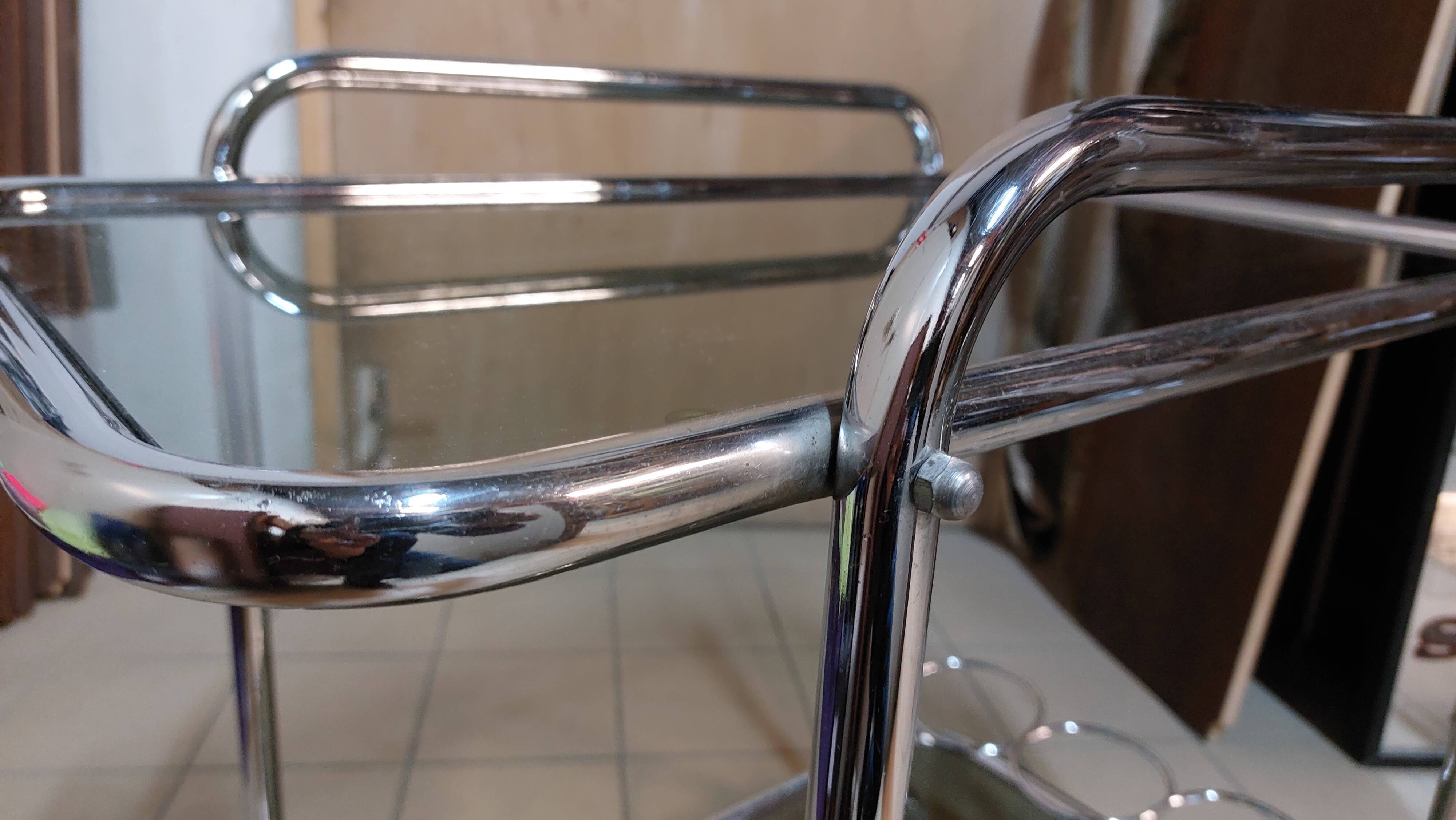 Dessert bar with chromed metal and smoked glass wheels, 70s