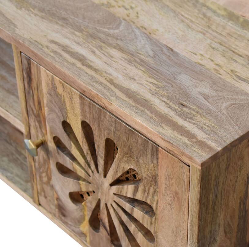 Rosalie Rattan and Solid Mango Wood Media Unit, Modern Console with Cut-Out Petal Design, Brass Knob