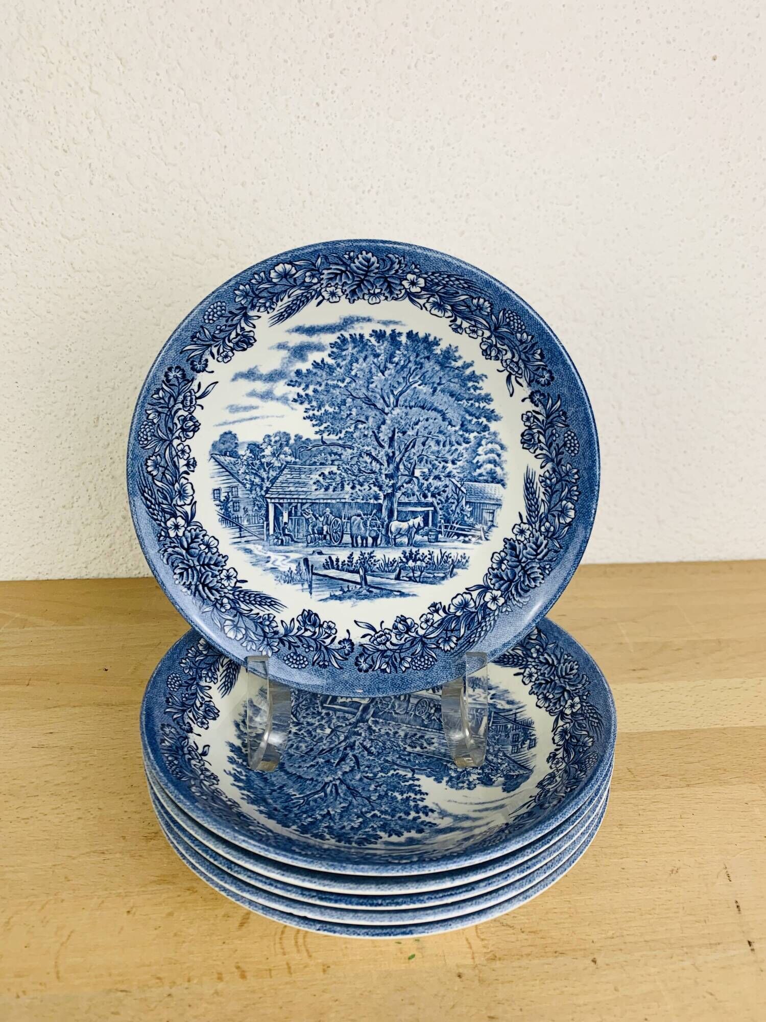 6 Churchill English ironstone soup plates, blue