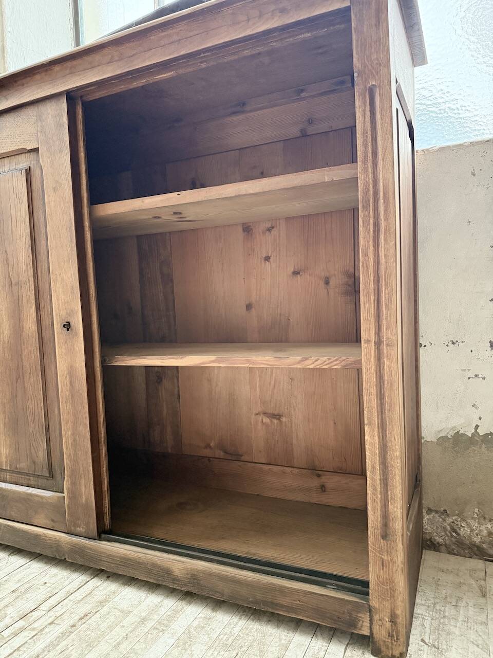 XL oak workshop sideboard with sliding doors from 1900
