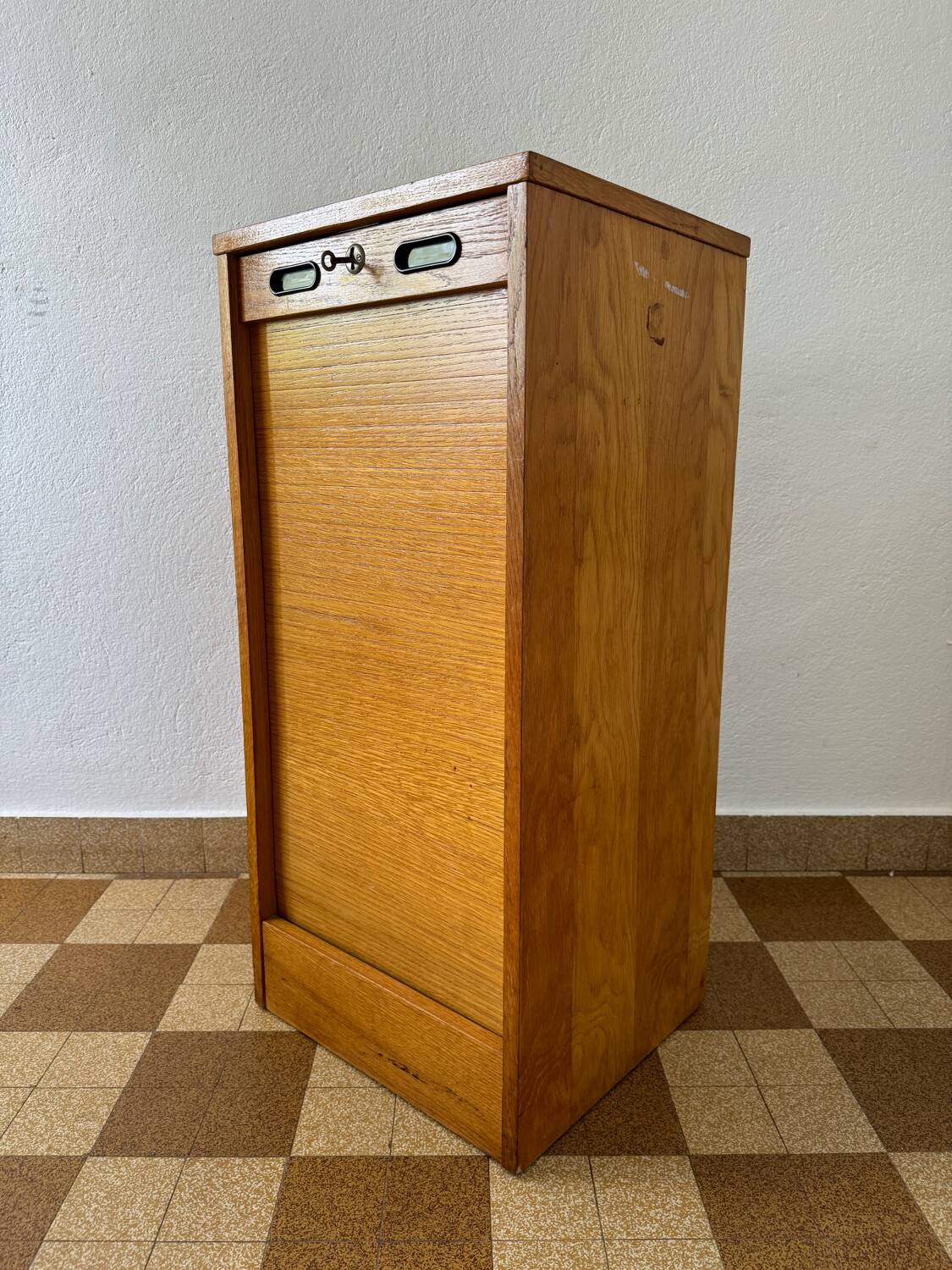 1960s wooden curtain filing cabinet