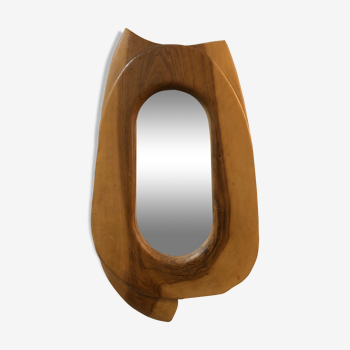 Miroir ovale sculpté en bois d’olivier 1960 - 30x54cm
