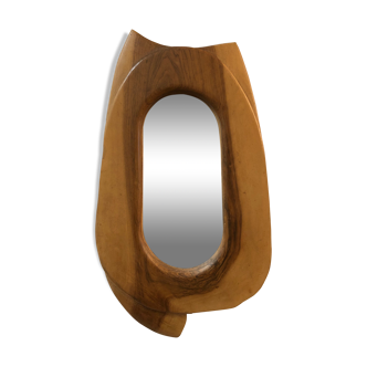 Miroir ovale sculpté en bois d’olivier 1960 - 30x54cm