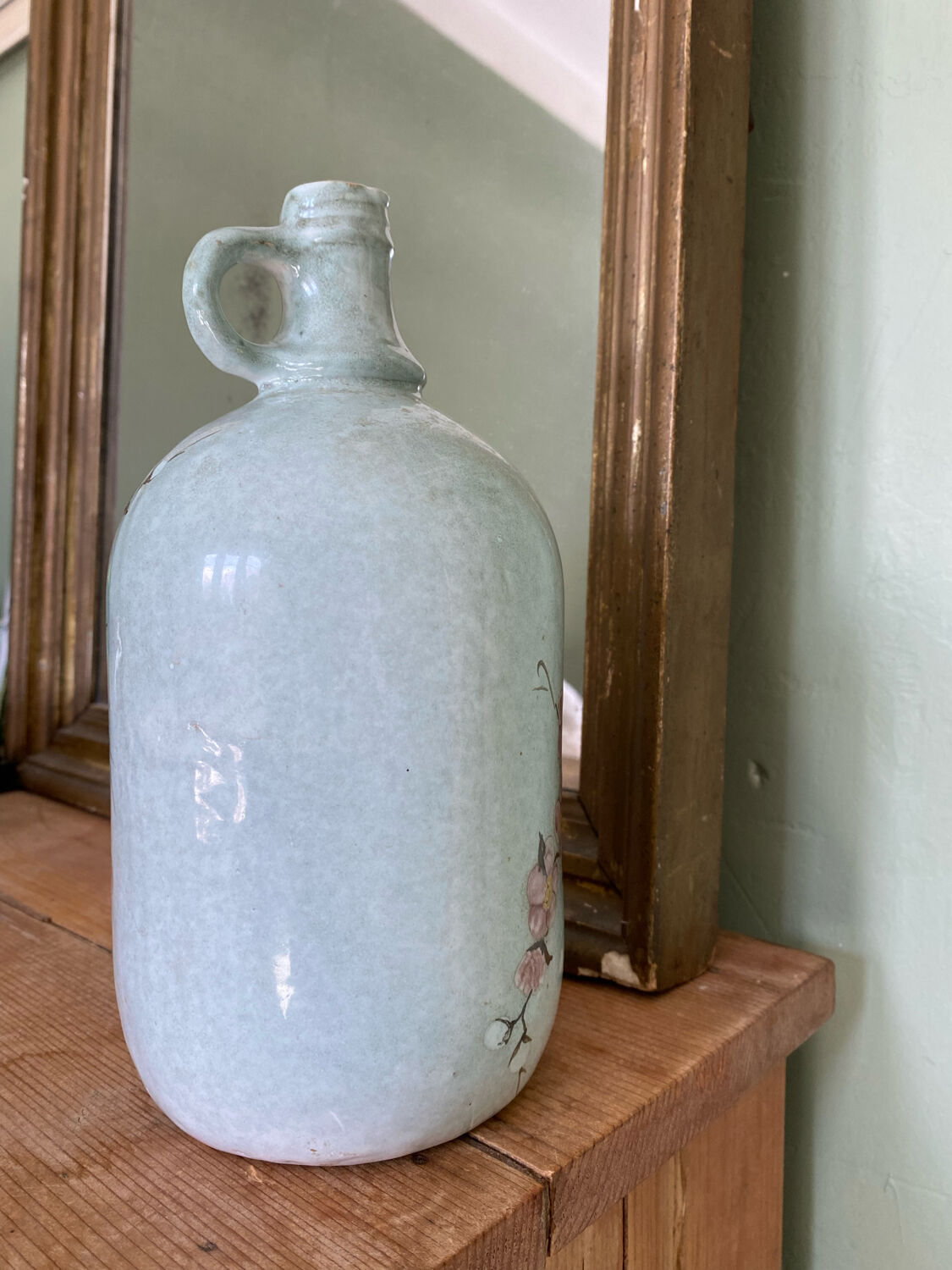 Signed ceramic bottle vase, cherry blossoms, 70s
