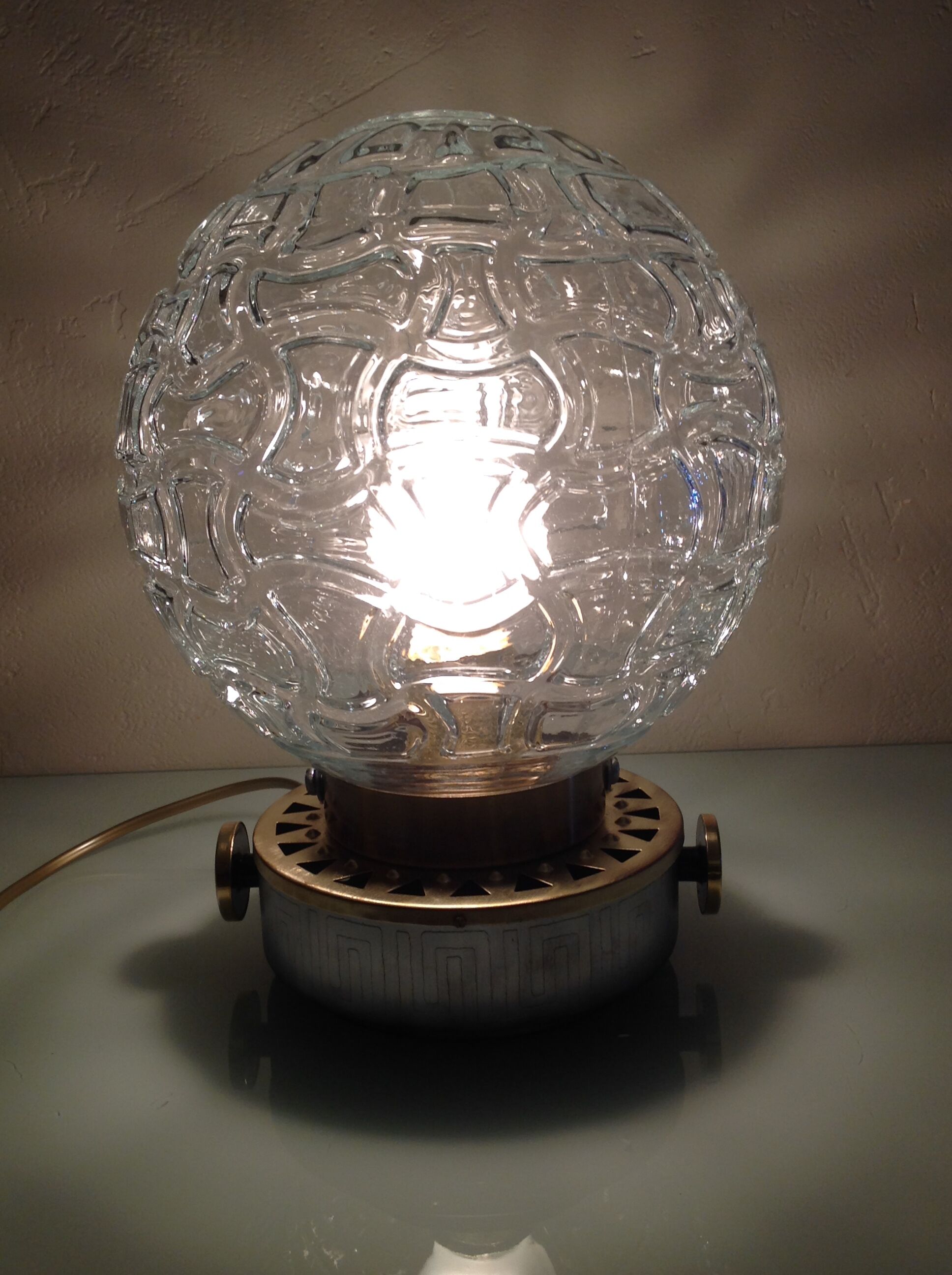 Structured glass globe lamp and metal-brass/ vintage 60s and 70s base