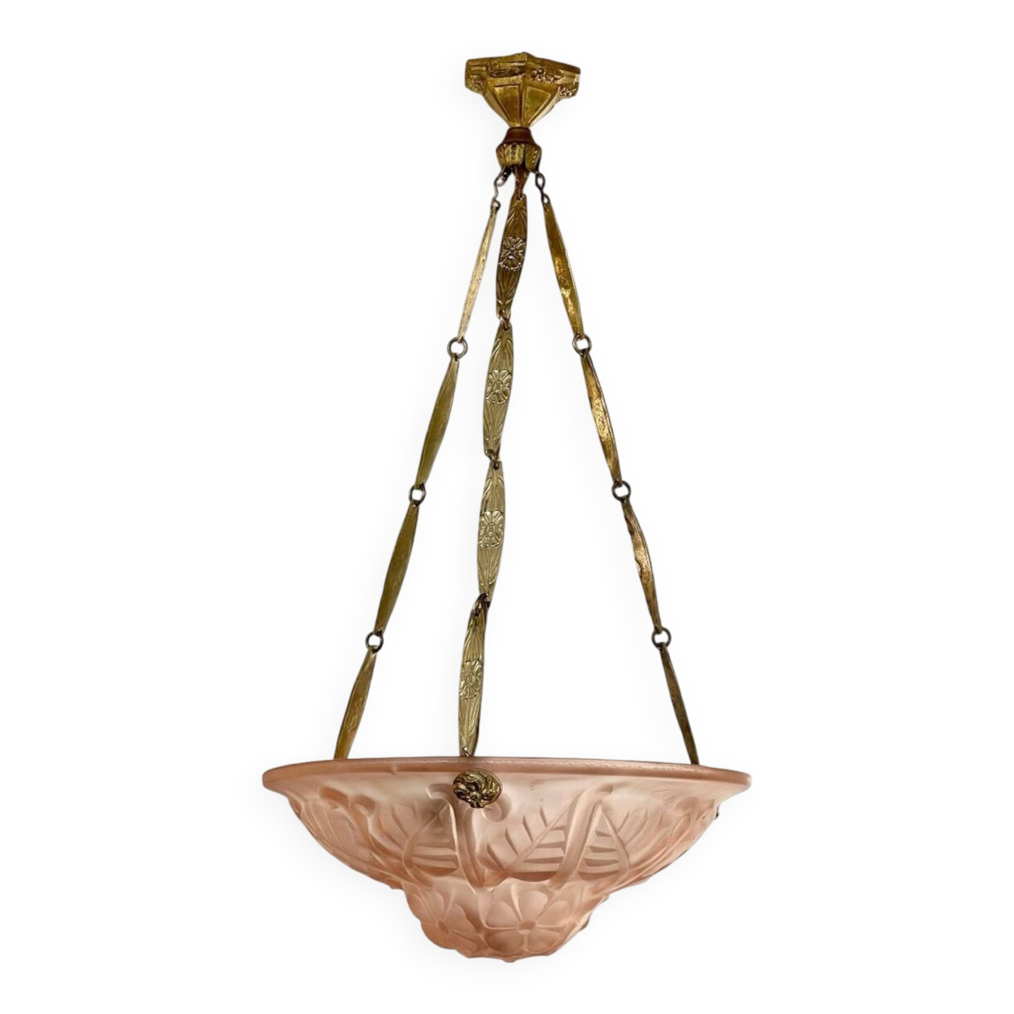 Art Deco glass and bronze pendant light/basin signed Degué