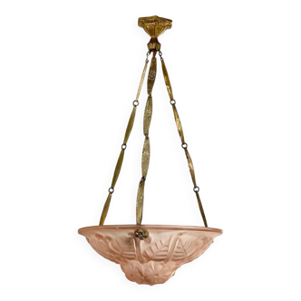 Art Deco glass and bronze pendant light/basin signed Degué