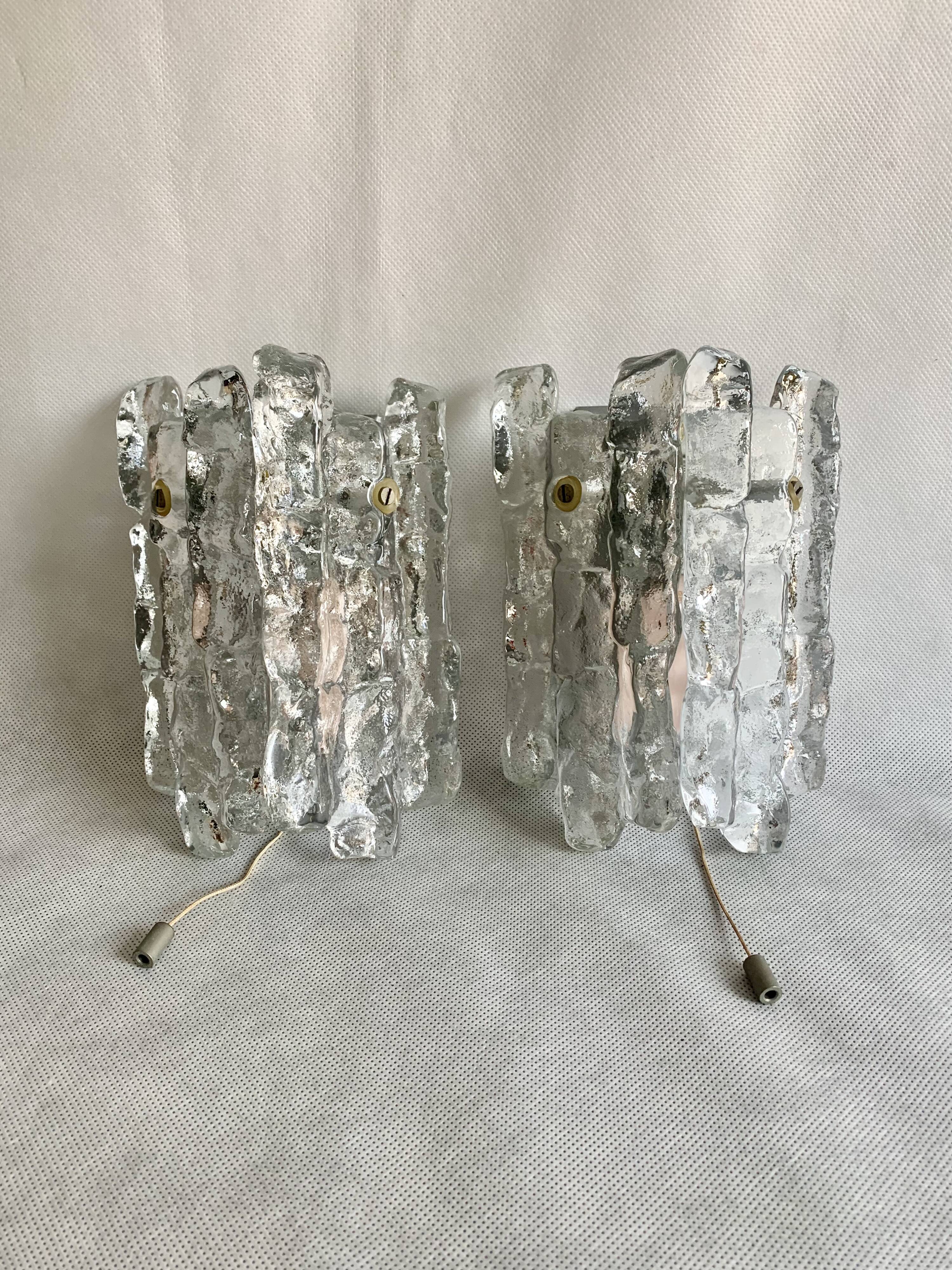 Pair of Ice Glass Wall Sconces  by J.T. Kalmar, Austria