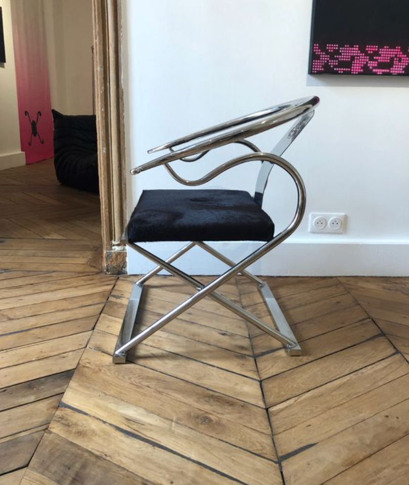 Contemporary design chrome chair inspired by Chinese traditionalism, calfskin upholstery