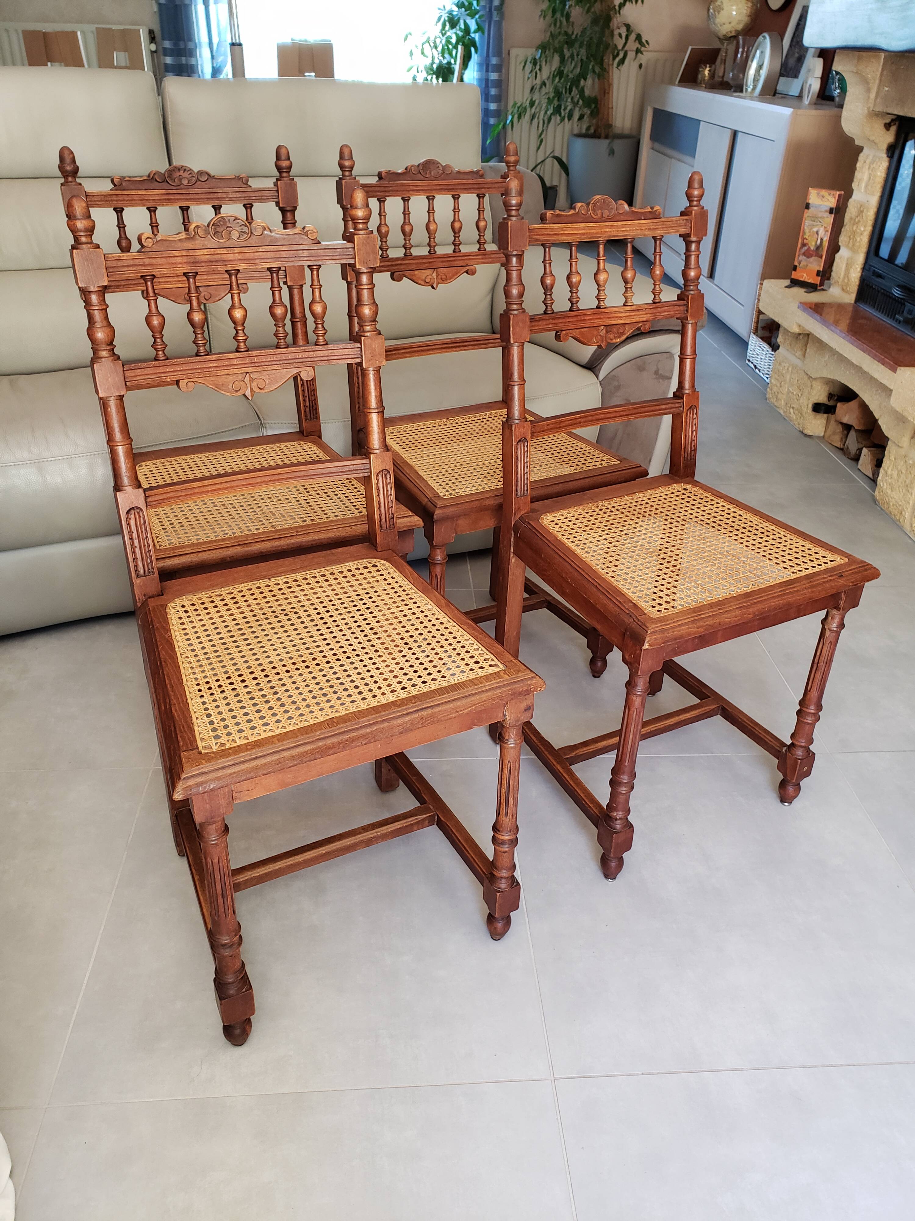 4 vintage chairs in turned wood and cannage from the 1910s