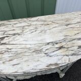 Louis XVI style half-moon console table with carved and painted wood and marble top