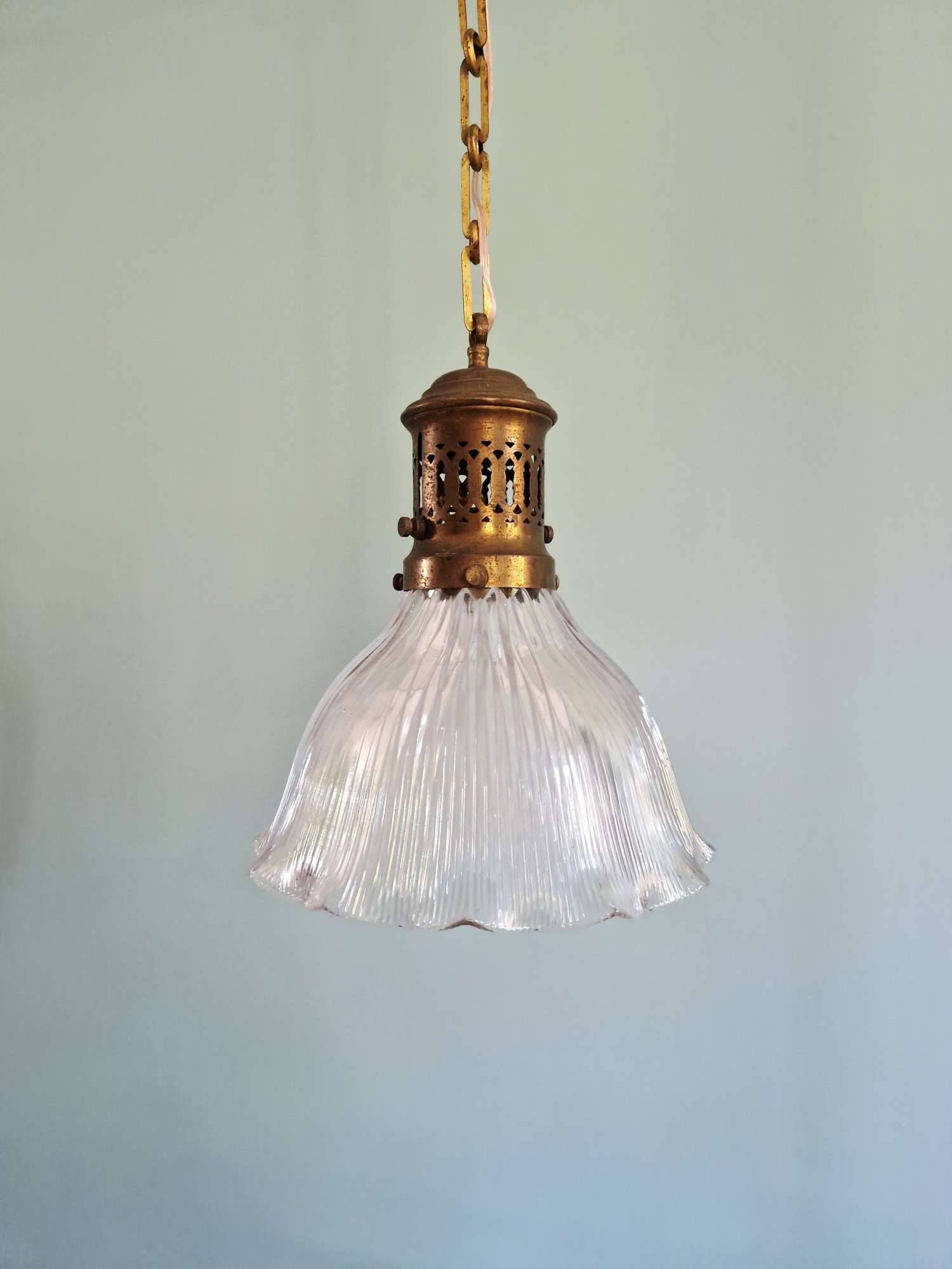 Large Holophane pendant light in clear ribbed glass, 1920-30.