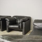Moroso sofa set and armchairs in black leather, 1984