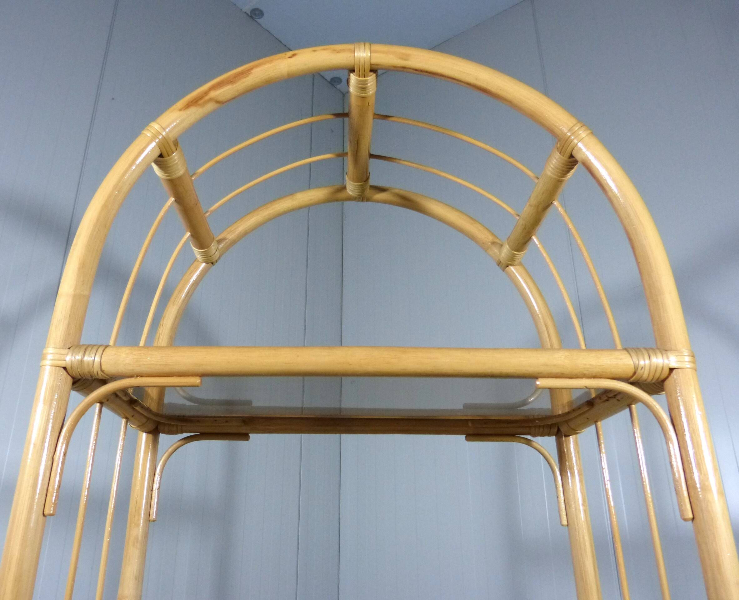 Rattan & smoked glass display rack 1970’s